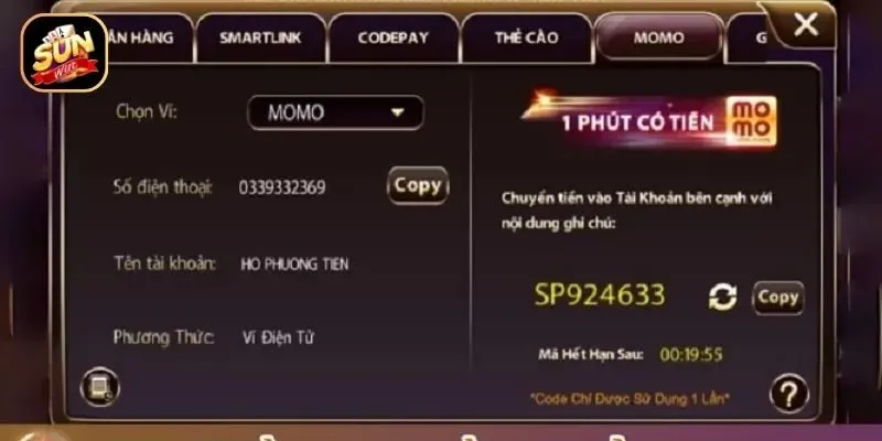 Thông tin nạp tiền qua ví điện tử